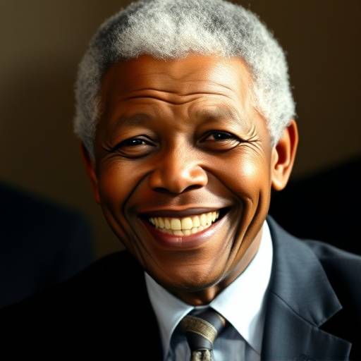 Fotografía de Nelson Mandela en 1993, sonriendo y vistiendo un traje oscuro. Representa su tiempo como prisionero político y su eventual liberación.