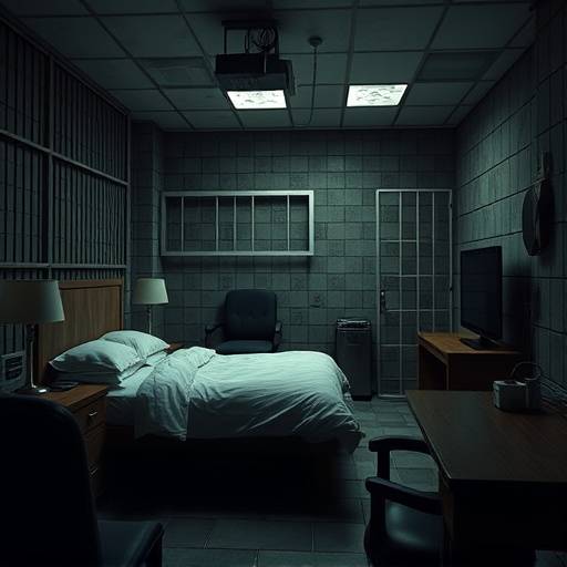 Fotografía de una celda de lujo con una cama, un escritorio, una silla y una televisión.