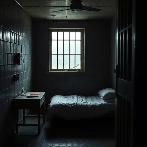 Fotografía del interior de una celda penitenciaria, mostrando una cama, un escritorio y una ventana enrejada.