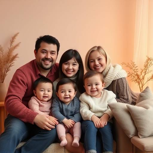 Photo de famille prise dans un studio chaleureux et accueillant, avec des couleurs douces et une lumi√®re naturelle