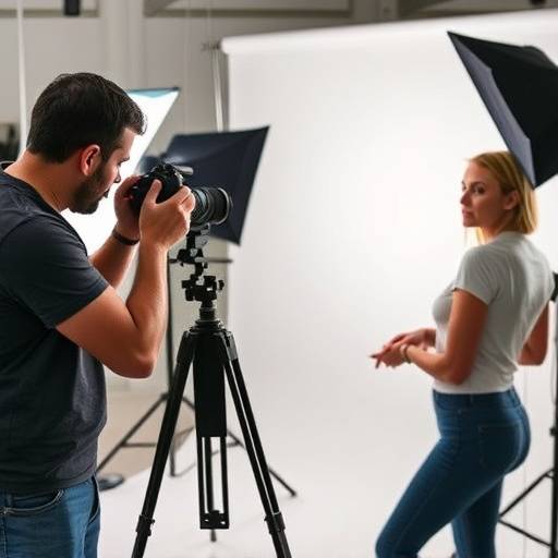 Photographie d'un photographe donnant des instructions √† un mod√®le dans un studio photo professionnel.