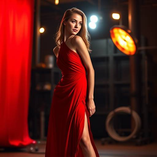 Photographie de mode en studio industriel avec une mod√®le portant une robe rouge et un √©clairage dramatique