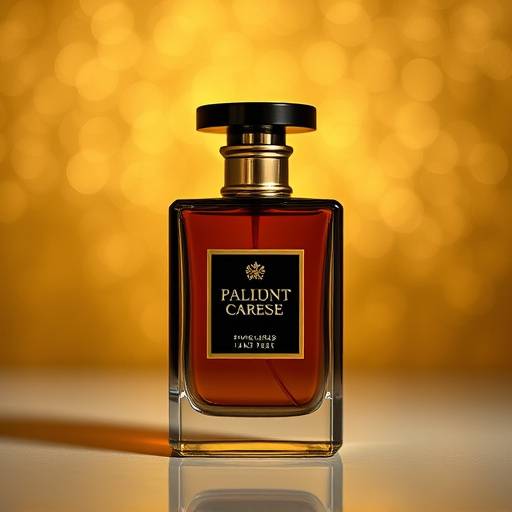 Photographie de produit d'un parfum de luxe sur un fond dor√©, avec un √©clairage mettant en valeur les d√©tails et la texture