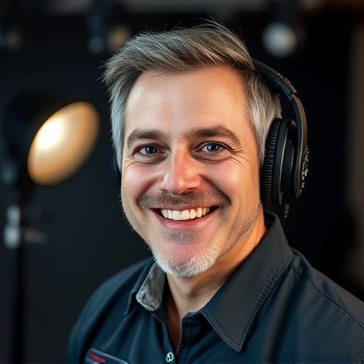 Portrait de Marc Dupont, Technicien de studio chez Lumi√®re & Cadre, souriant et portant un casque, avec un √©clairage de studio en arri√®re-plan