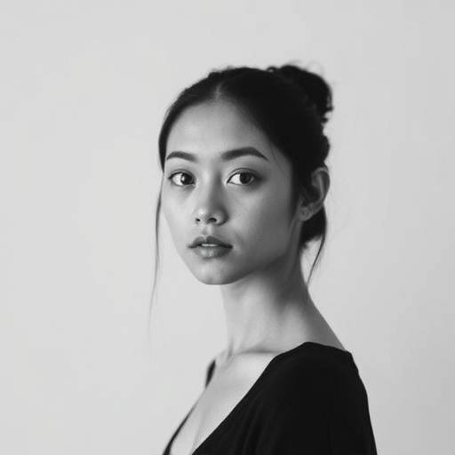 Portrait minimaliste en noir et blanc d'une jeune femme, avec un fond uni et un √©clairage doux