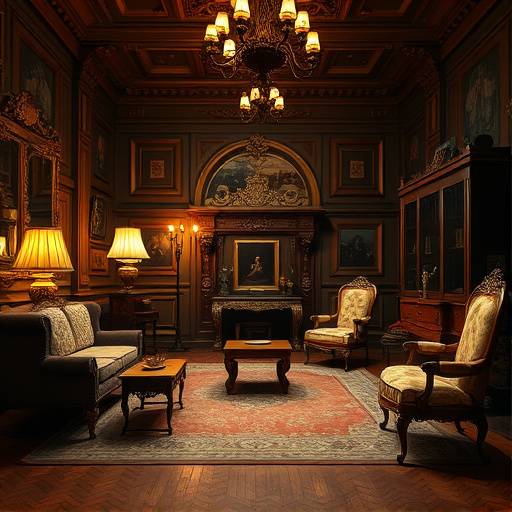 Studio avec d√©cor baroque, mobilier ancien et √©clairage th√©√¢tral